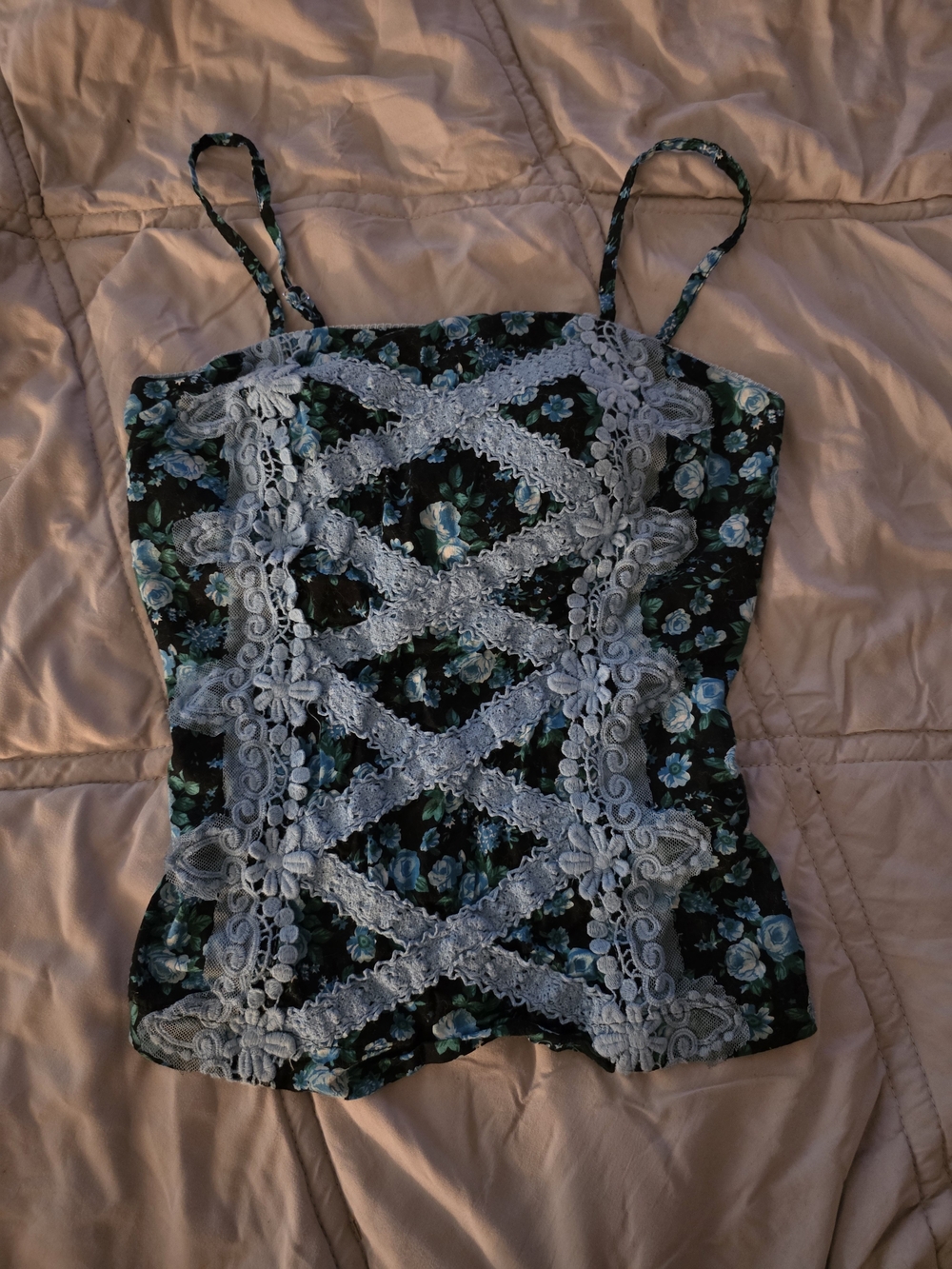 Floral Lace-Trim Cami Top in Black and Light Blues